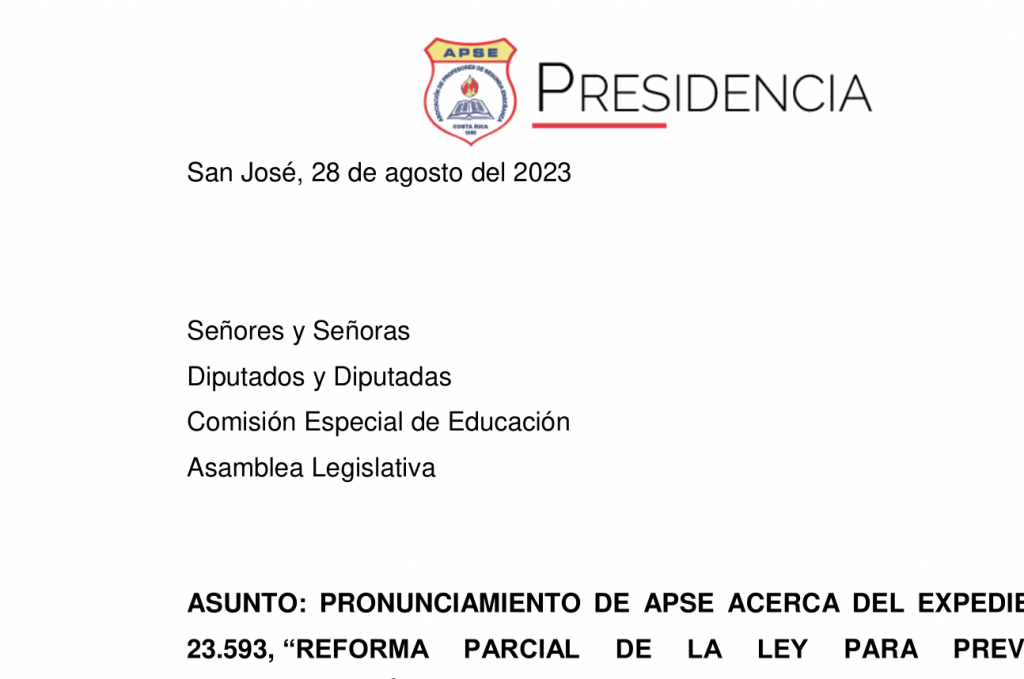 APSE emite criterio a Asamblea Legislativa “en aras de lograr la reforma parcial” de Ley 9999